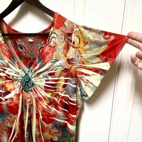 Boho Artsy Embellished Empire Waist Tunic Top Plus Size 3X live and let live - Picture 4 of 9